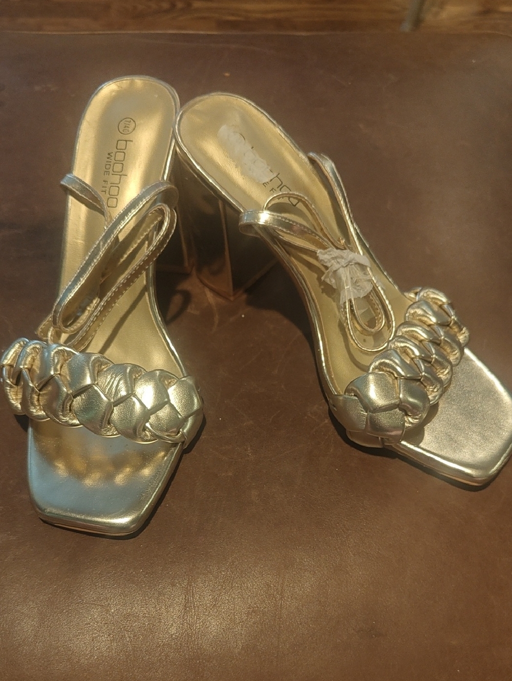 Metallic Gold Braided Strap Block Heel Sandals